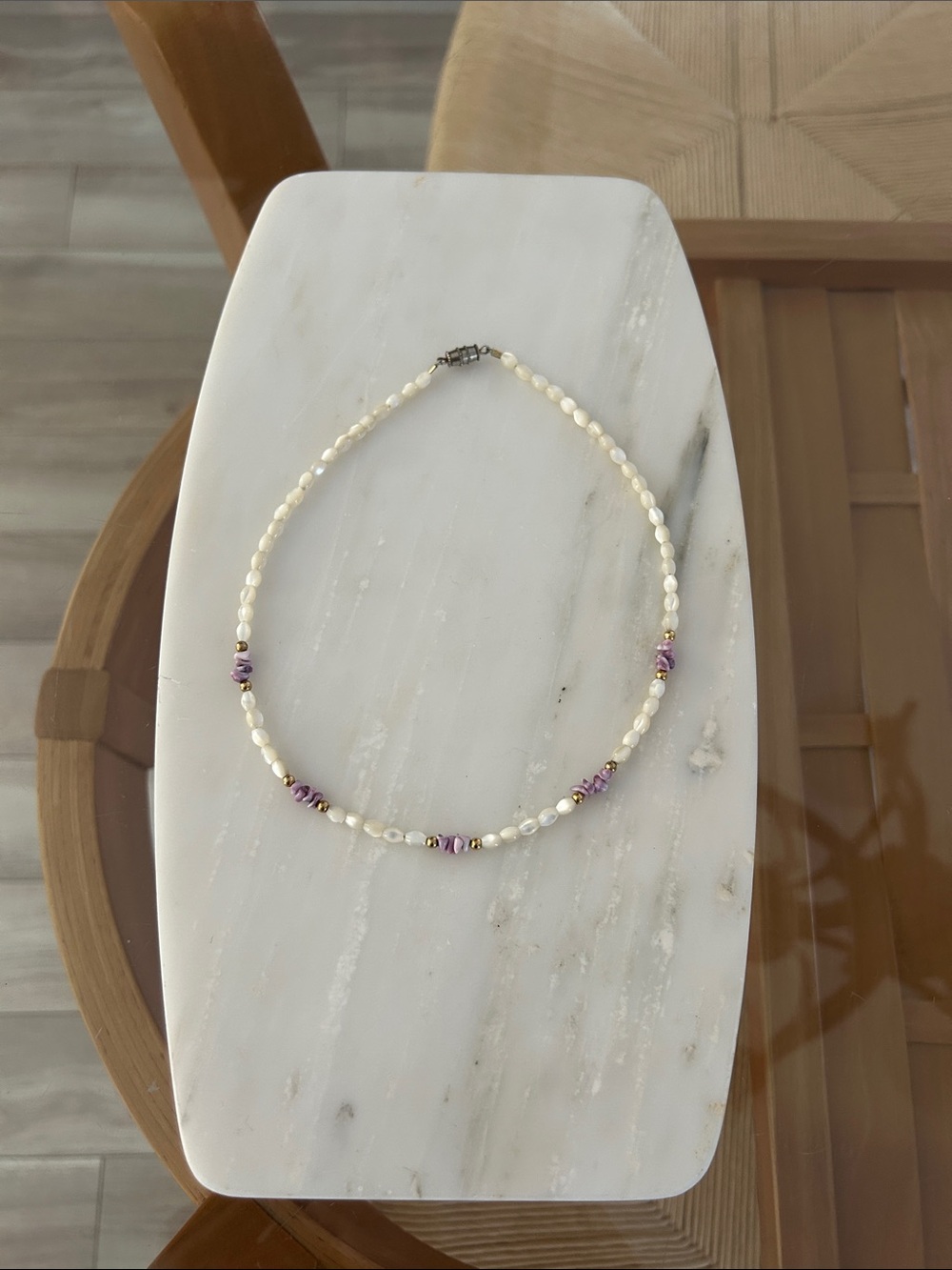 Handcrafted White Beaded Purple Accent Necklace